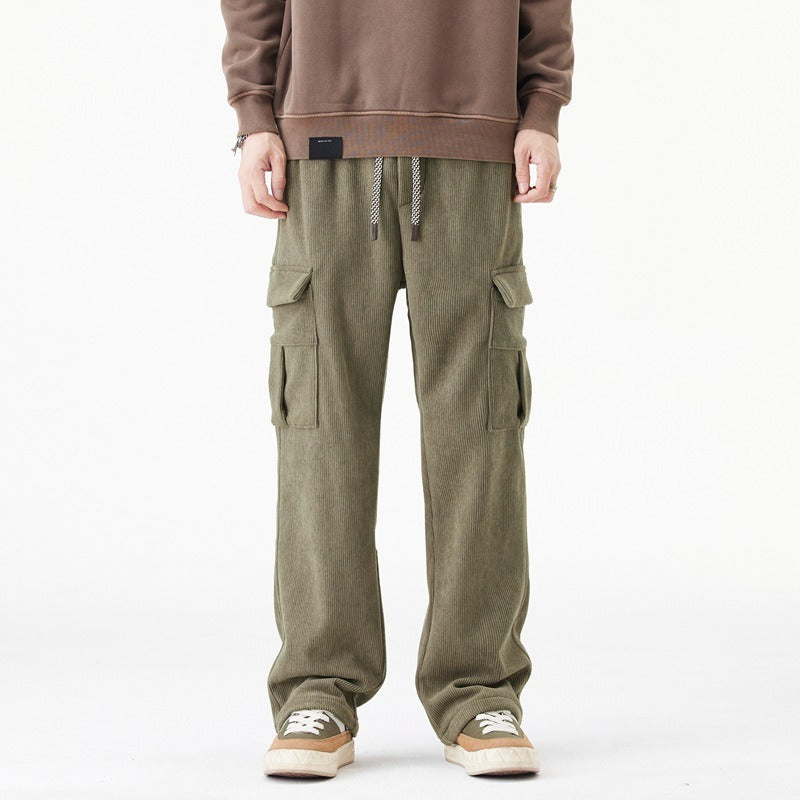 TrendAura Men's Cargo Pants With Elastic Drawstring Waist Relaxed Wide Leg Fit And Ribbed Texture For Everyday Comfort