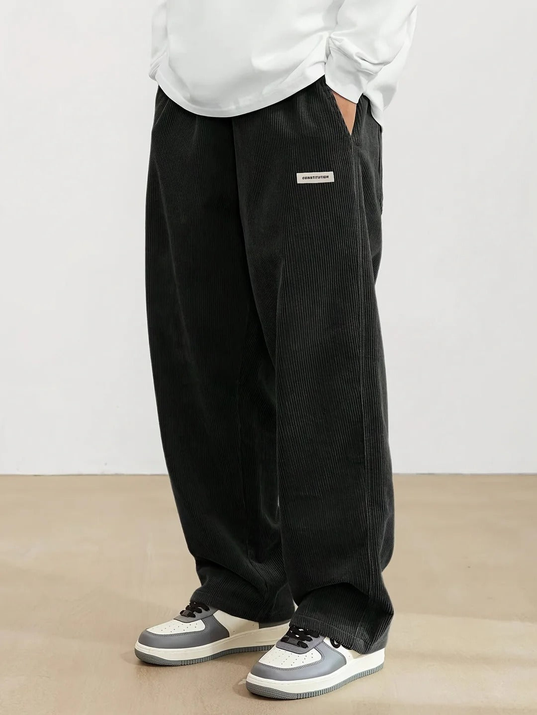 TrendAura Men's Corduroy Pants Casual Loose Fit Wide Leg Full Length With Side Pockets