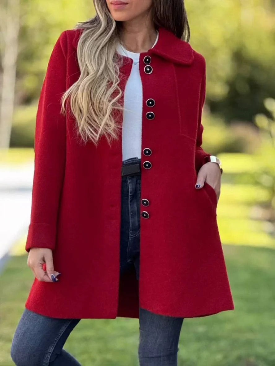 Women’s Coat - Wool Blend - Relaxed Fit - Knee Length - Rounded Lapel Collar