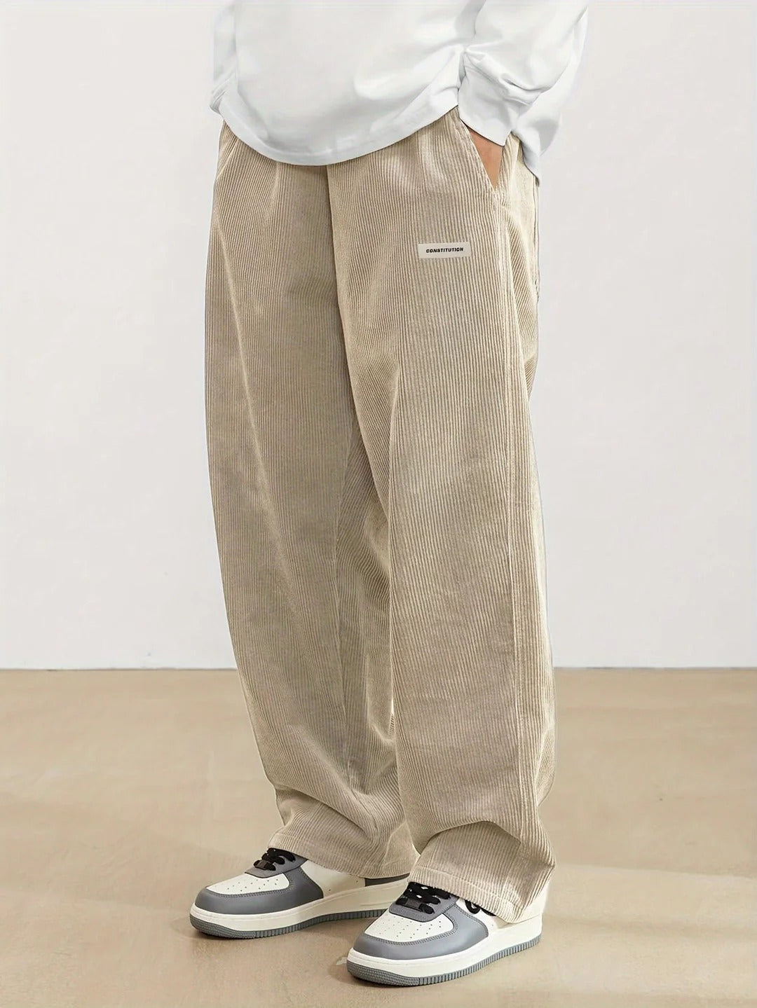 TrendAura Men's Corduroy Pants Casual Loose Fit Wide Leg Full Length With Side Pockets