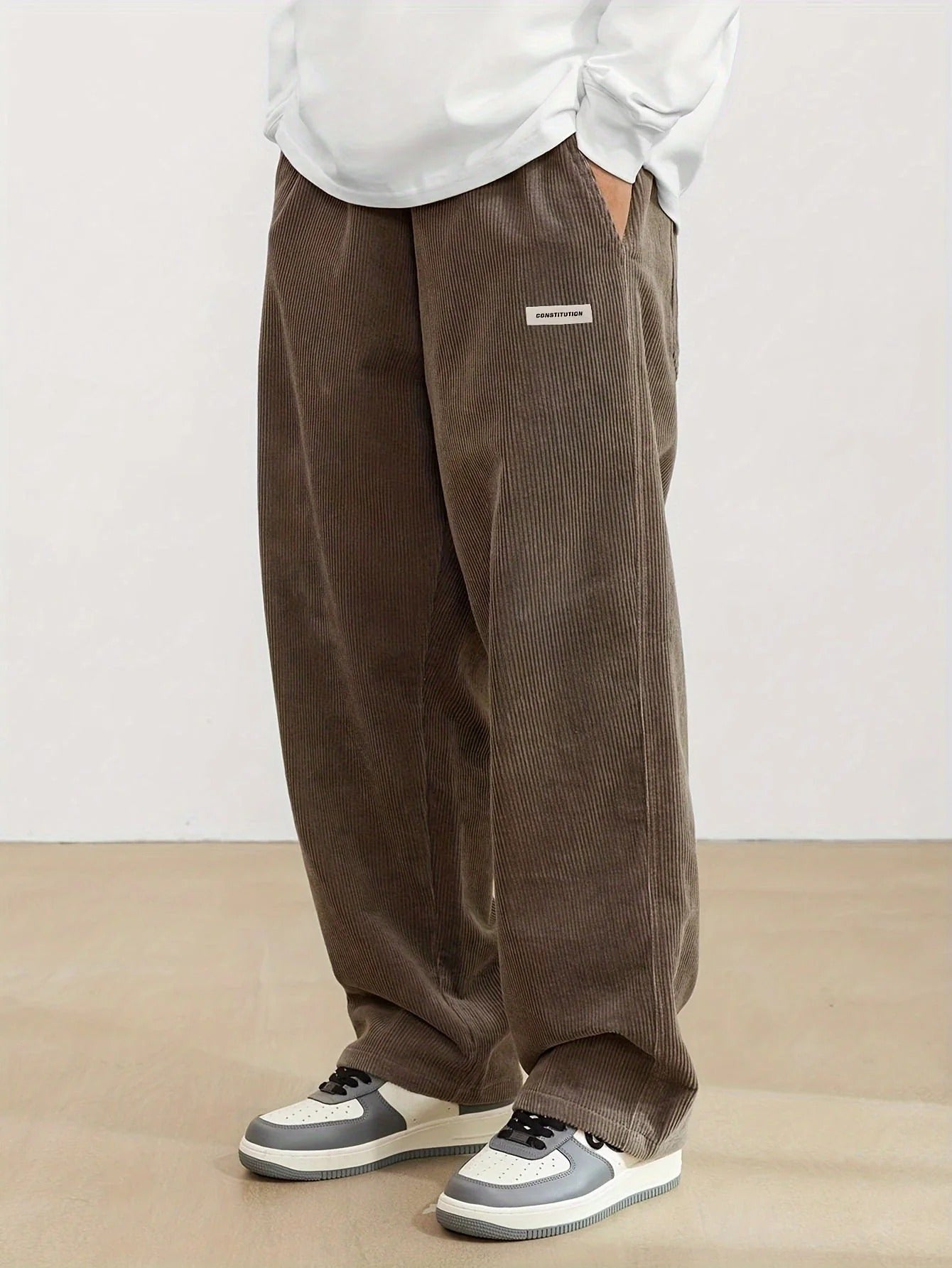 TrendAura Men's Corduroy Pants Casual Loose Fit Wide Leg Full Length With Side Pockets