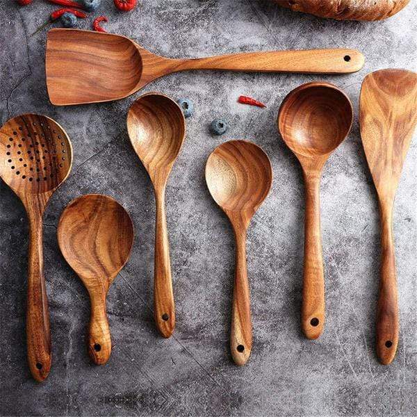 Teak Wooden Cooking Utensil Set With Ergonomic Handles - TrendAura