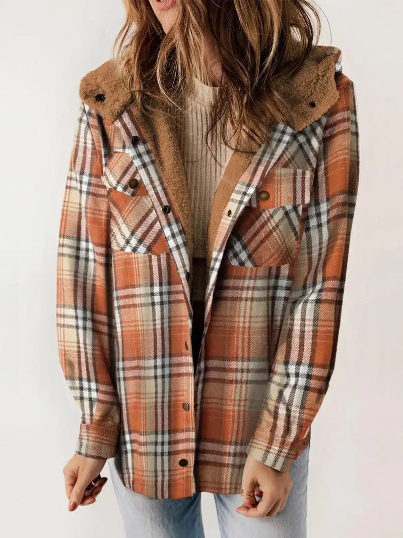 Women's Plaid Jacket with Button Closure and Side Pockets