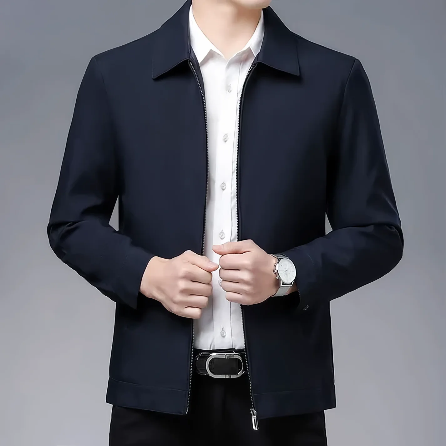 Men's Wool Blend Jacket Tailored Fit Classic Collar Zipper Closure Hip Length Modern Style
