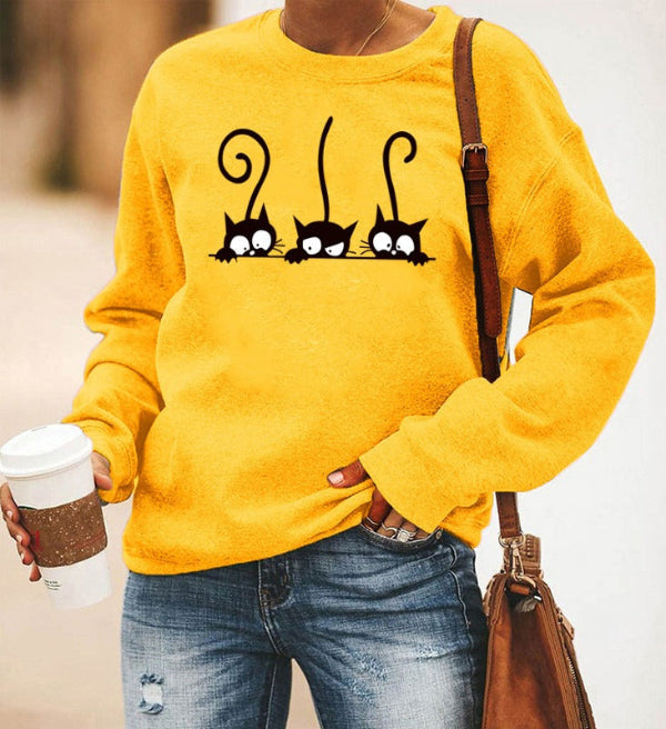 Women’s Sweatshirt – Oversized Fit – Cotton Blend – Crewneck – Cat Print Casual Wear
