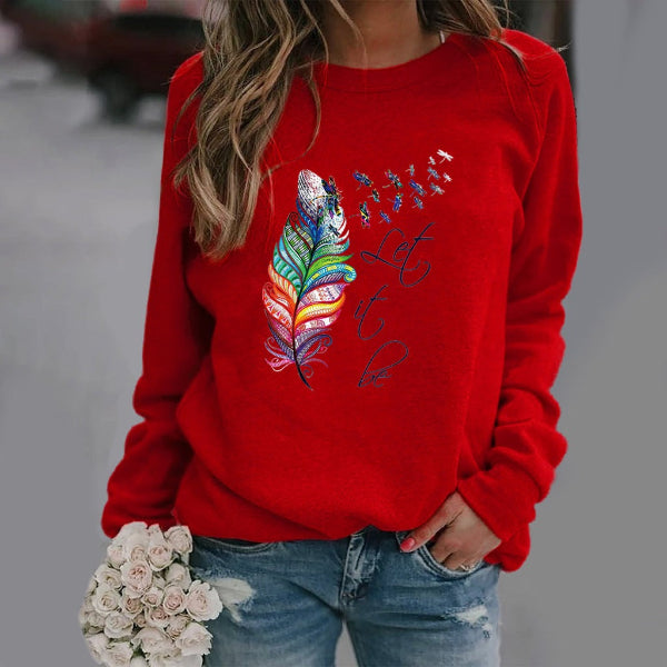 Women’s Sweatshirt – Relaxed Fit – Cotton Blend – Feather Print – Crew Neck Long Sleeve
