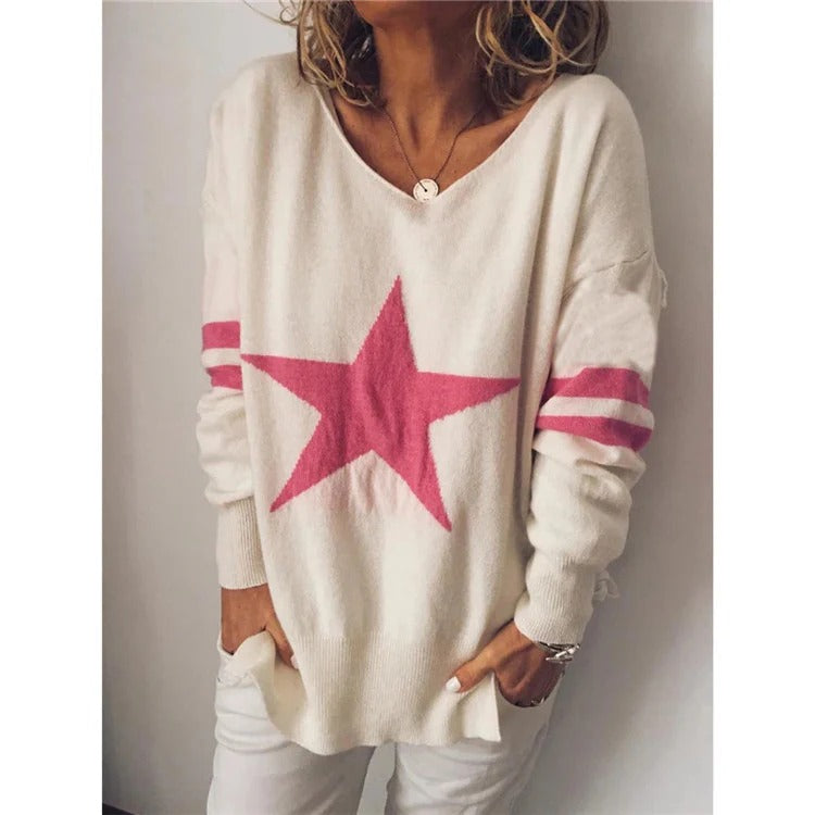 Women’s Sweater – Relaxed Fit – Soft Knit – Crew Neck – Star Front – Striped Sleeves