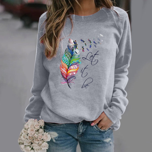 Women’s Sweatshirt – Relaxed Fit – Cotton Blend – Feather Print – Crew Neck Long Sleeve