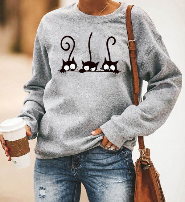 Women’s Sweatshirt – Oversized Fit – Cotton Blend – Crewneck – Cat Print Casual Wear