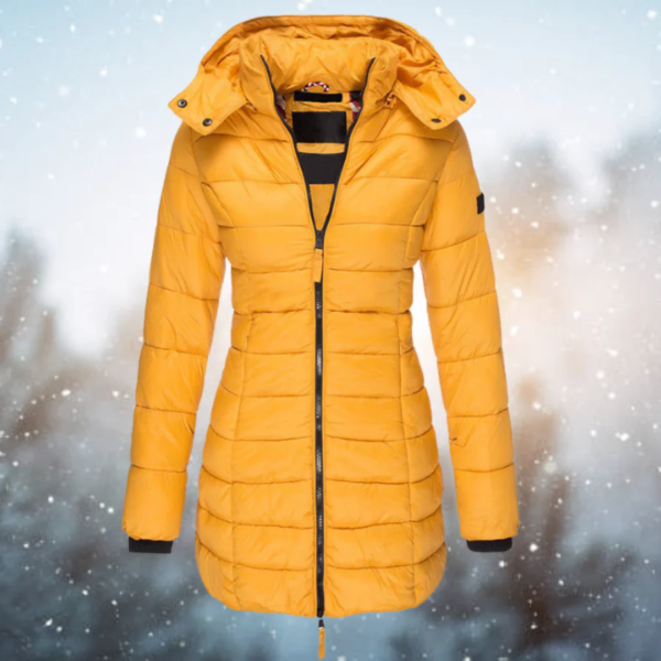 Women’s Long Puffer Jacket – Tailored Fit – Quilted Insulation – Detachable Hood