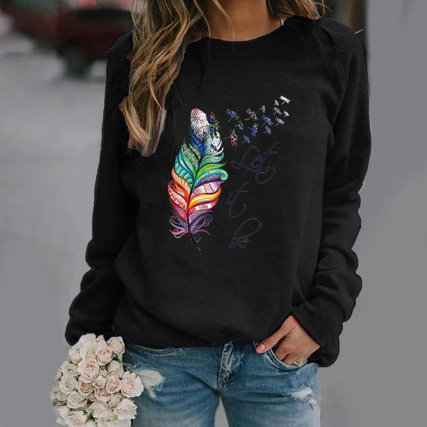 Women’s Sweatshirt – Relaxed Fit – Cotton Blend – Feather Print – Crew Neck Long Sleeve