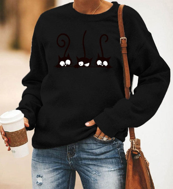 Women’s Sweatshirt – Oversized Fit – Cotton Blend – Crewneck – Cat Print Casual Wear