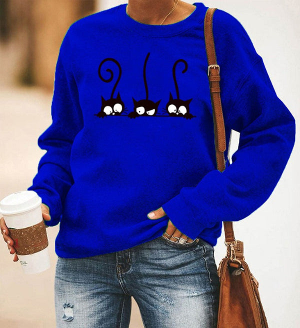 Women’s Sweatshirt – Oversized Fit – Cotton Blend – Crewneck – Cat Print Casual Wear