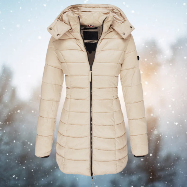 Women’s Long Puffer Jacket – Streamlined Fit – Quilted – Water-Resistant – Detachable Hood
