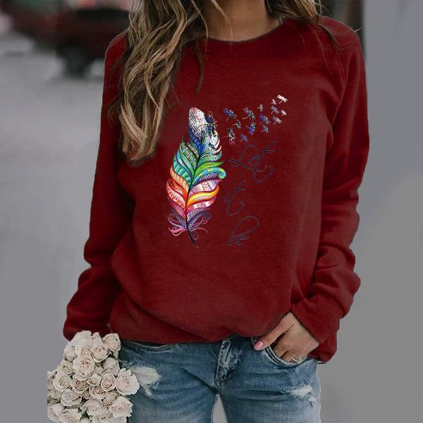 Women’s Sweatshirt – Relaxed Fit – Cotton Blend – Feather Print – Crew Neck Long Sleeve