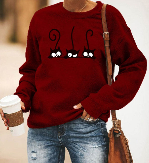Women’s Sweatshirt – Oversized Fit – Cotton Blend – Crewneck – Cat Print Casual Wear