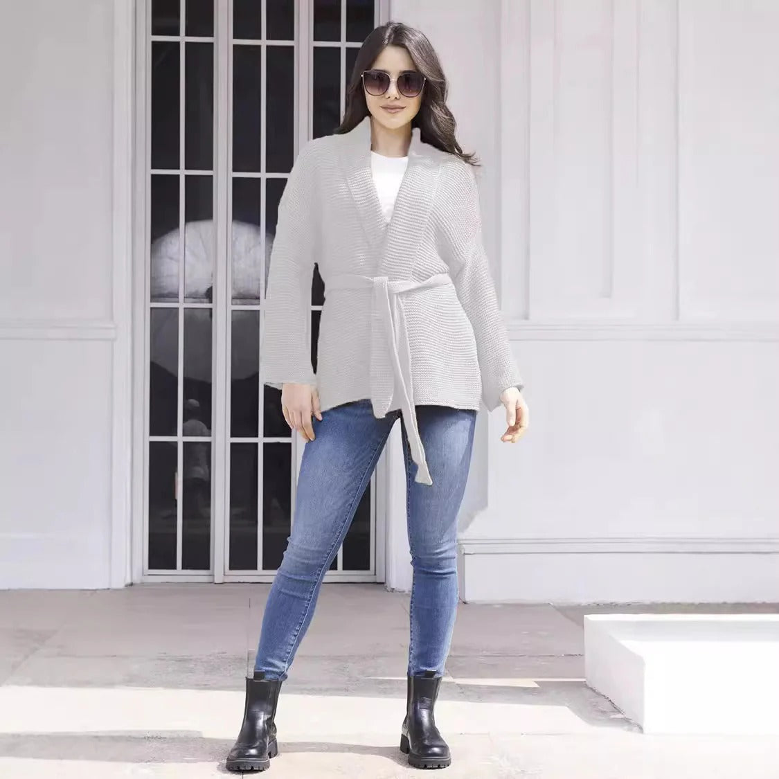Women’s Cardigan – Ribbed Knit – Shawl Collar – Belted Waist – Mid Length Fit
