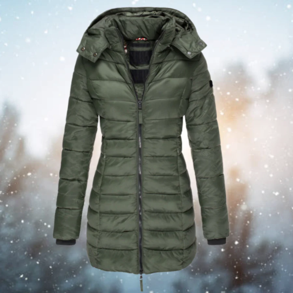 Women’s Long Puffer Jacket – Streamlined Fit – Quilted – Water-Resistant – Detachable Hood