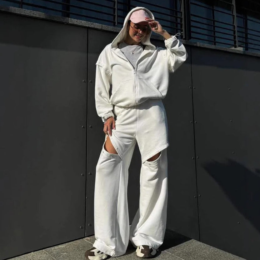 Women’s Two-Piece Loungewear Set – Relaxed Fit – Hooded Zip Top – Wide-Leg Pants with Knee Cut-Outs