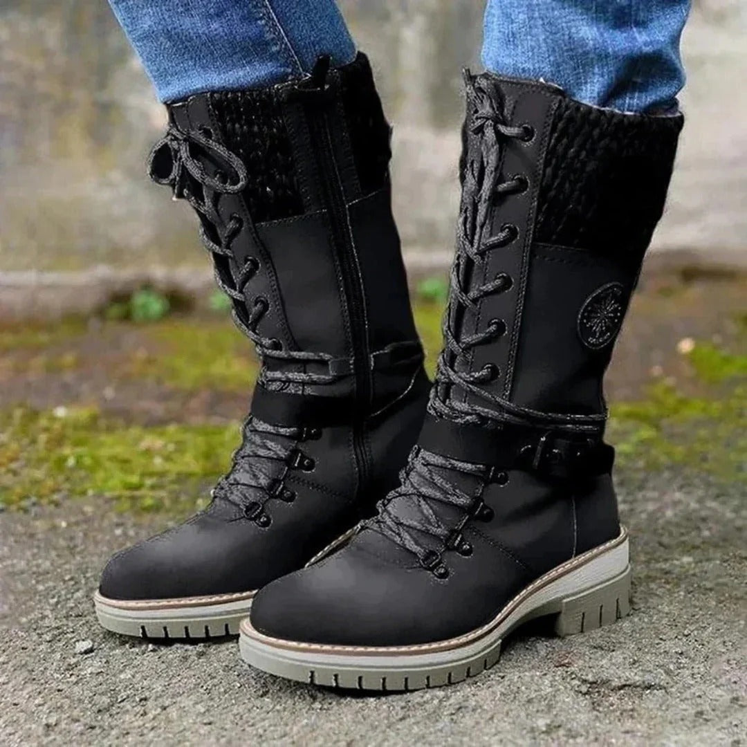 Women's Knee-High Boots with Lace-Up Design and Sturdy Sole