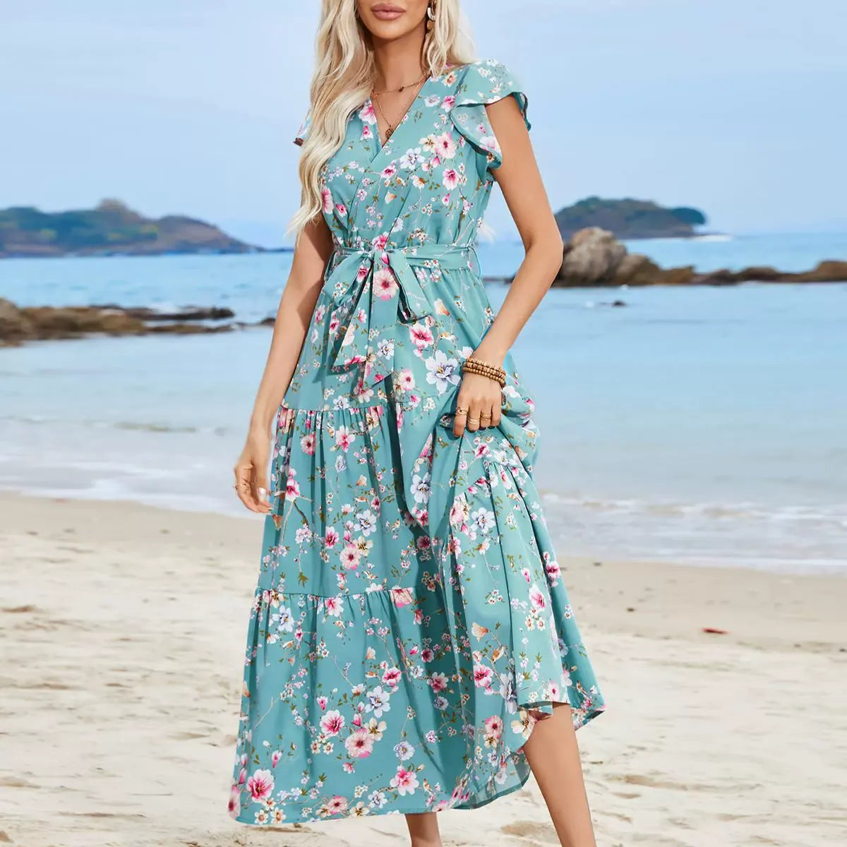 Women’s Boho Dress – V-Neck – Tie Waist – Floral Print – Ruffled Sleeves – Cotton Blend - TrendAura