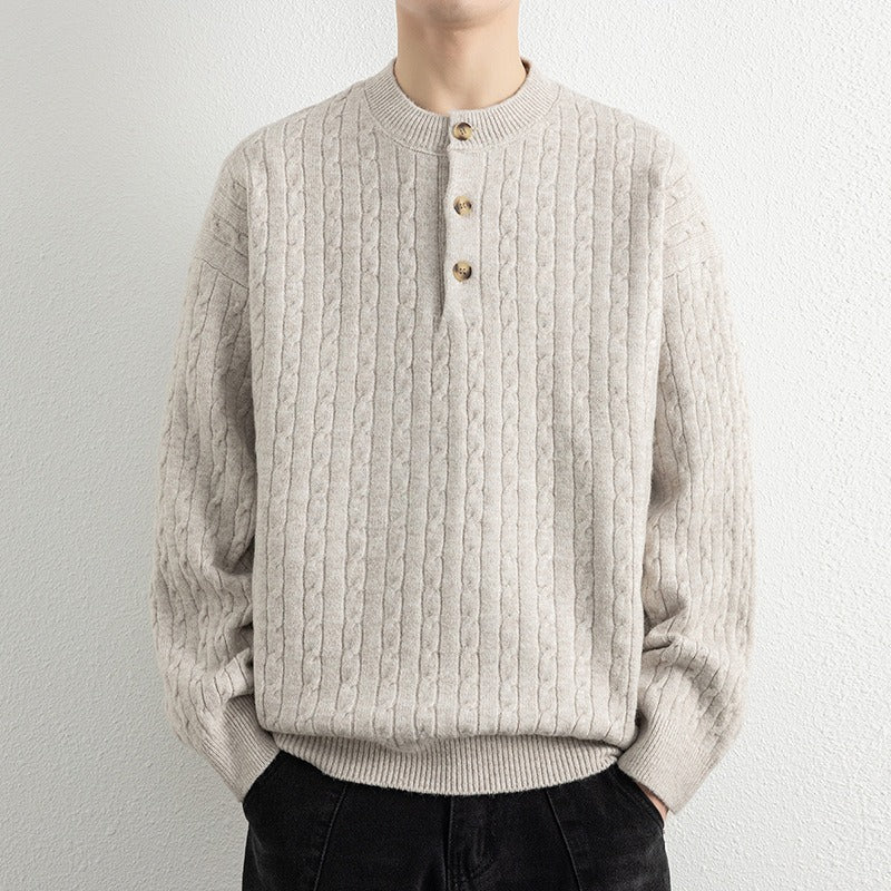 Men's Wool Blend Knit Pullover Sweater With Henley Neck And Ribbed Trim Casual Everyday Wear