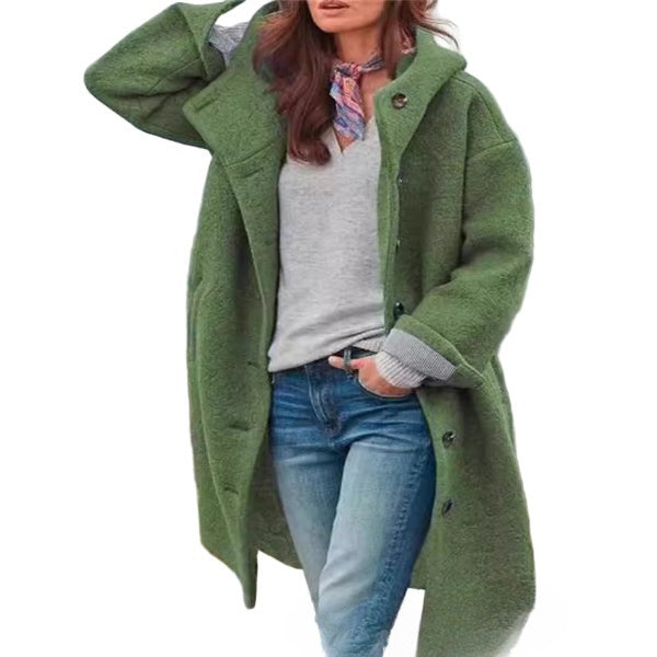 Women’s Full-Length Coat – Oversized Fit – Wool Texture – Hooded with Button Front