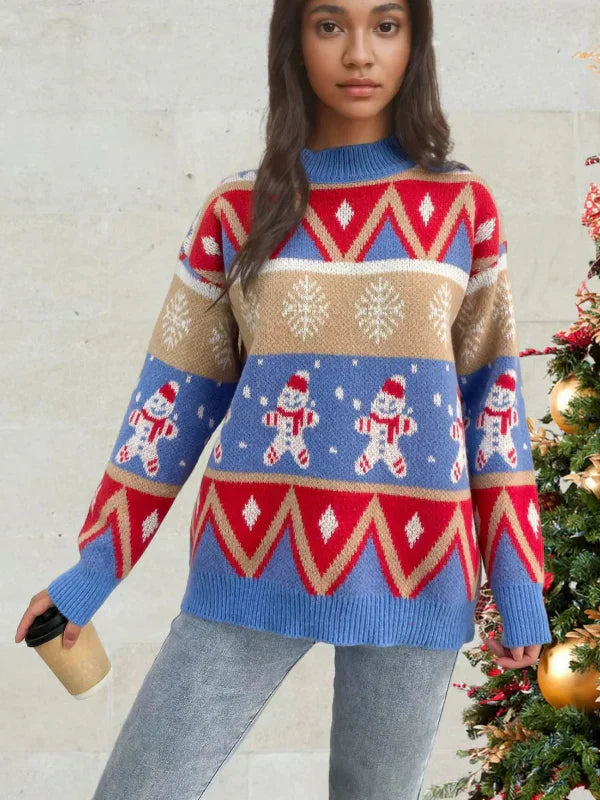 Women’s Knit Sweater – Relaxed Fit – Wool Blend – Crew Neck – Festive Pattern - TrendAura
