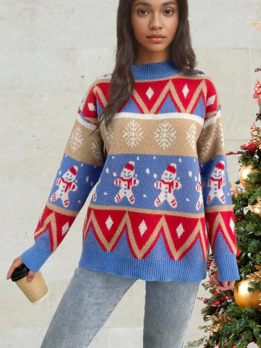 Women’s Knit Sweater – Relaxed Fit – Wool Blend – Crew Neck – Festive Pattern - TrendAura