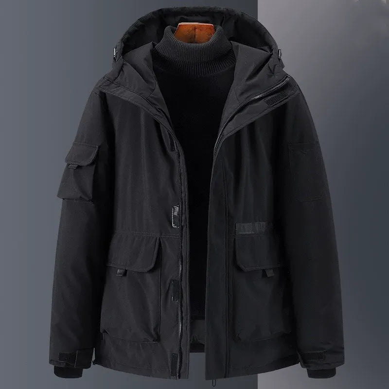 Men's Down Jacket with Hooded Relaxed Fit Insulated and Water Resistant Finish with Utility Pockets