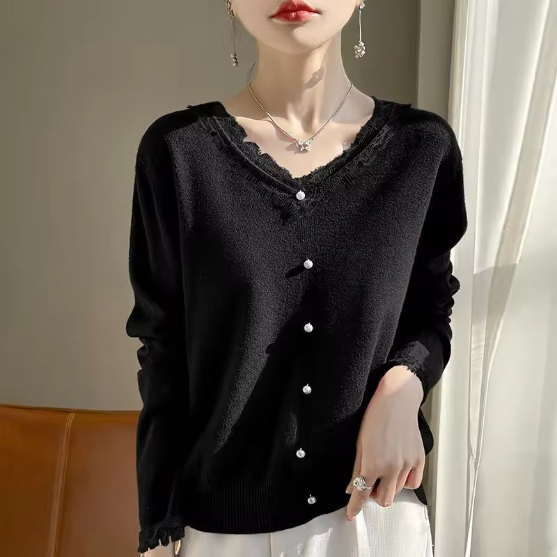 Women’s Sweater – Wool Blend – Relaxed Fit – Lace V-Neck – Long Sleeve Casual Style
