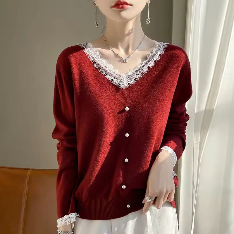 Women’s Sweater – Wool Blend – Relaxed Fit – Lace V-Neck – Long Sleeve Casual Style