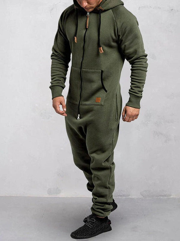 Men's Fleece Jumpsuit Hooded Lounge Wear Zipper Front Relaxed Fit Winter Jumpsuit By TrendAura