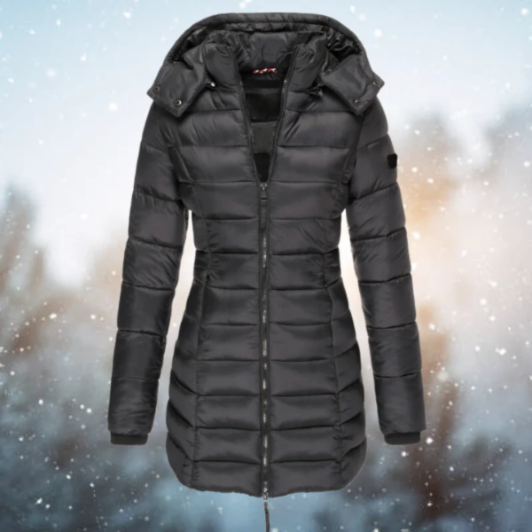 Women’s Long Puffer Jacket – Streamlined Fit – Quilted – Water-Resistant – Detachable Hood
