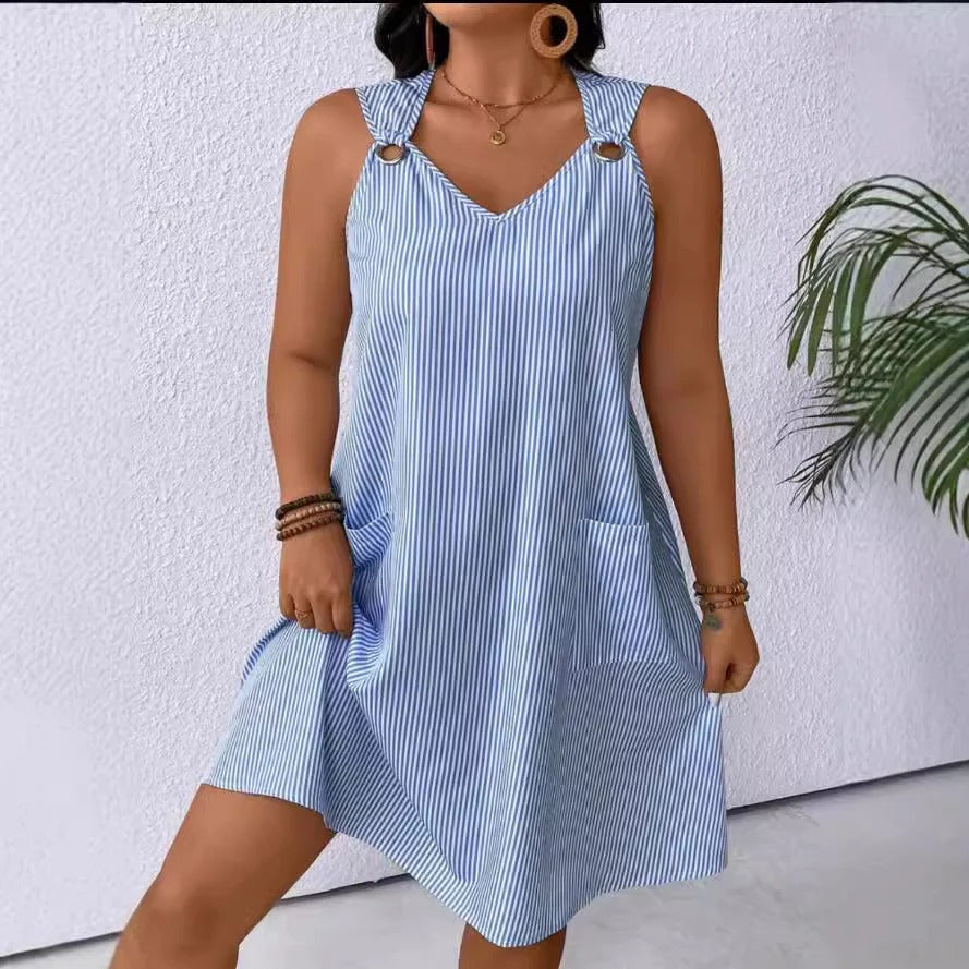 Women’s A-Line Dress – V-Neck – Striped – Ring Shoulder Detail – Knee Length – Pockets