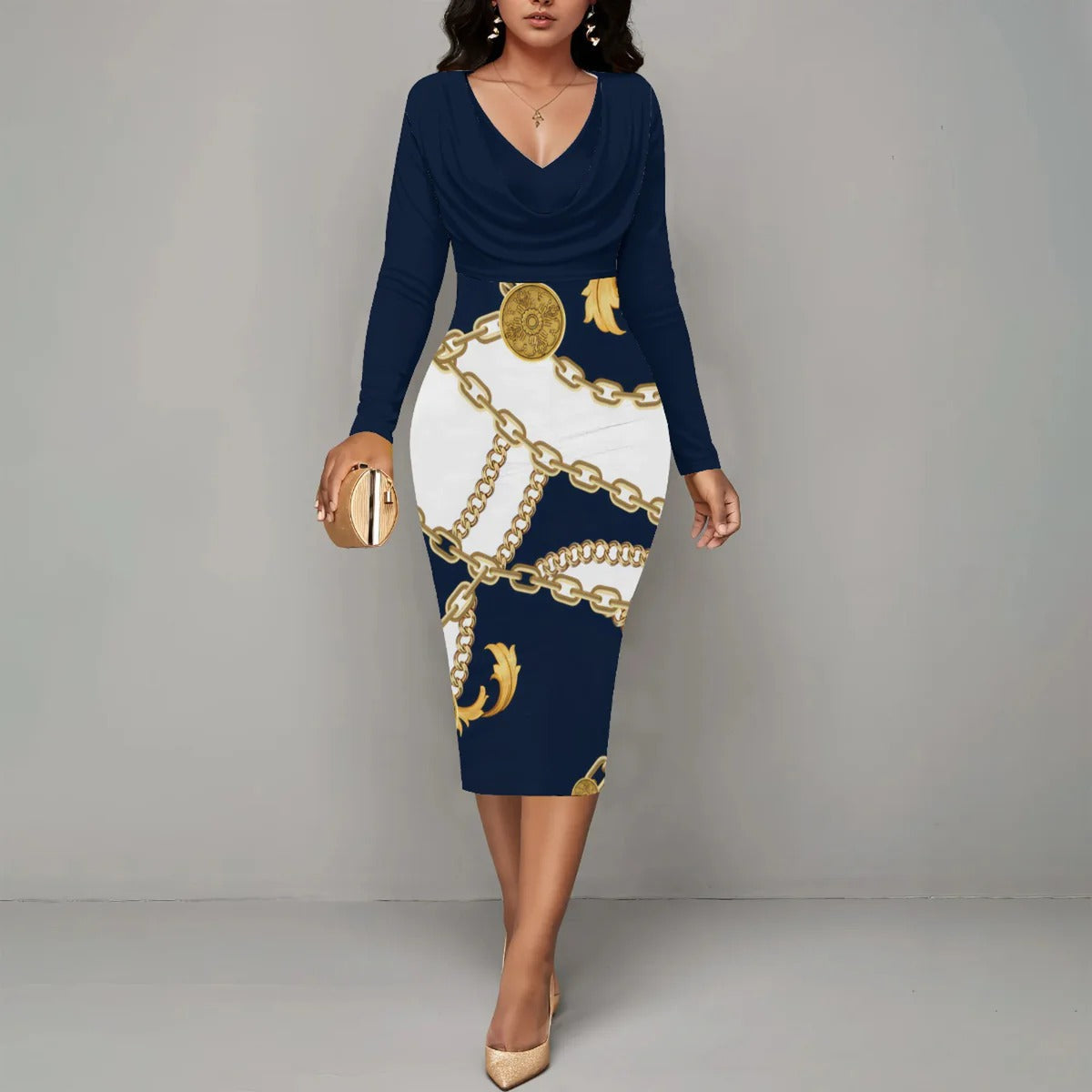 Women’s Midi Dress – Fitted Silhouette – Wrap Neckline – Long Sleeve – Chain Print