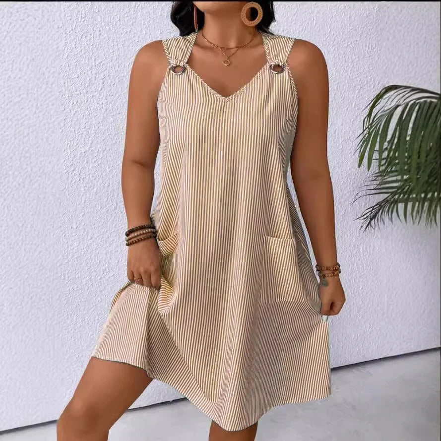 Women’s A-Line Dress – V-Neck – Striped – Ring Shoulder Detail – Knee Length – Pockets