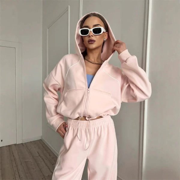 Women’s Two-Piece Set – Oversized Fit – Zipper Hoodie – Elastic Waist Pants – Contrast Seams