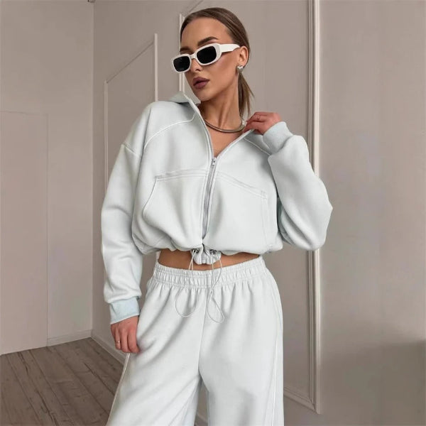 Women’s Two-Piece Set – Oversized Fit – Zipper Hoodie – Elastic Waist Pants – Contrast Seams
