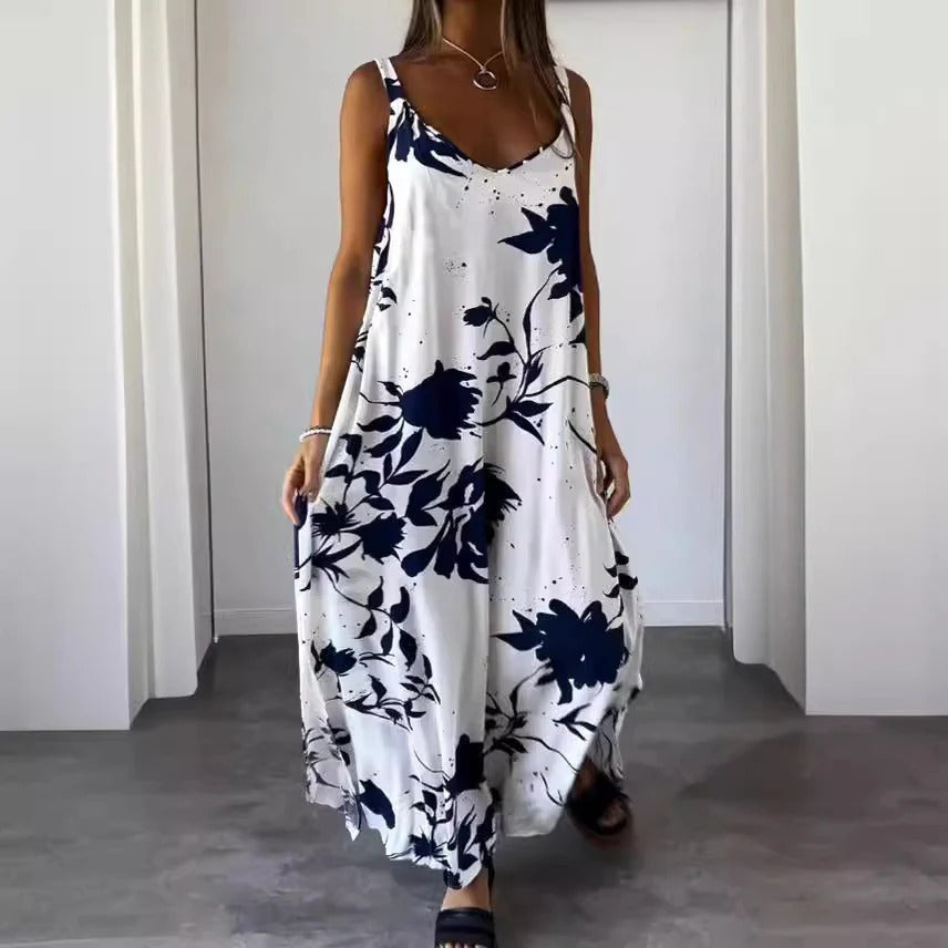 Women’s Maxi Dress – Floral Print – Deep V-Neck – Relaxed Fit