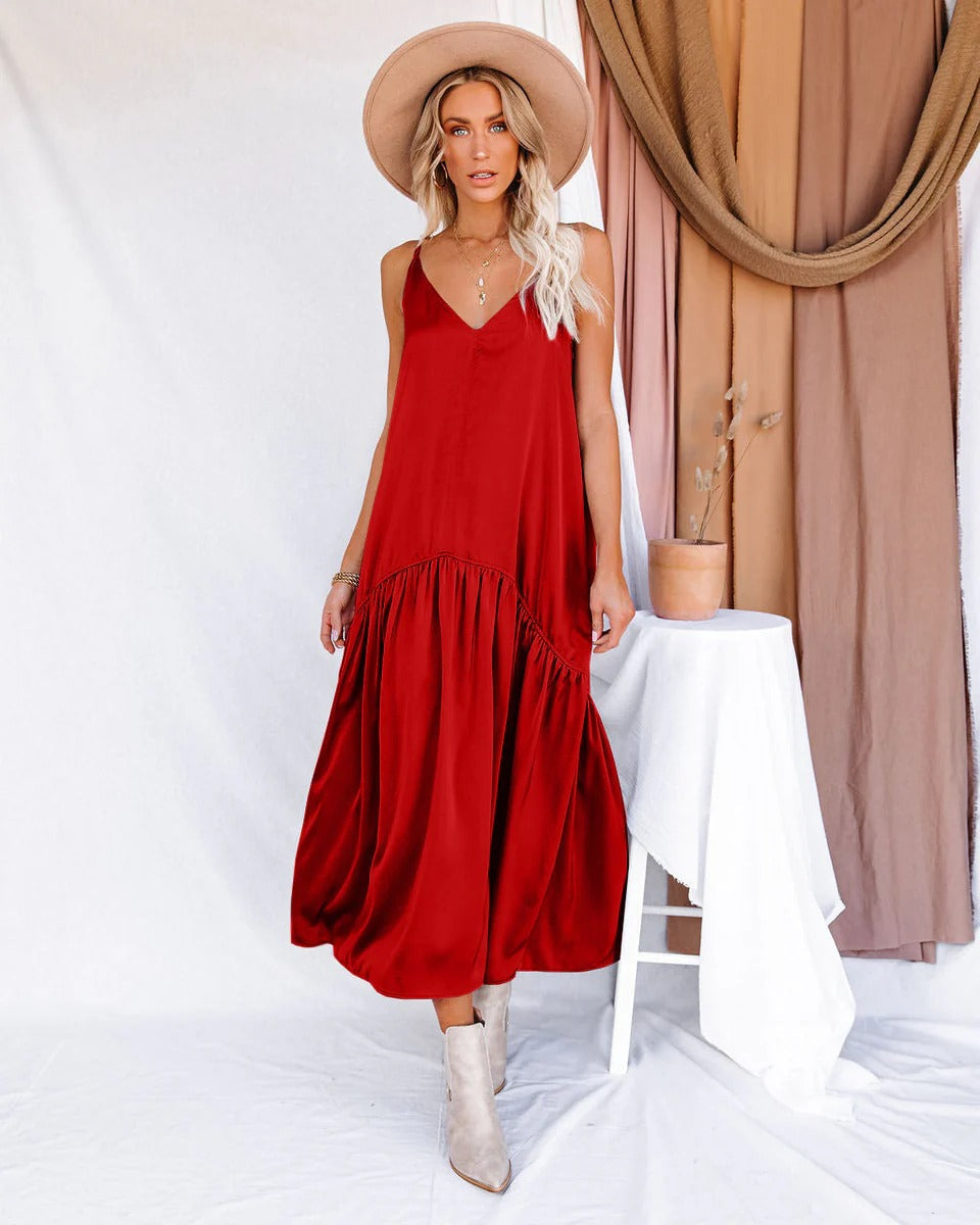 Women’s Maxi Dress – V-Neck – Flowing Fit – Ruffle Detail