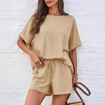 Women’s Two-Piece Set – Relaxed Fit Top with Dolman Sleeves – Soft Drawstring Shorts