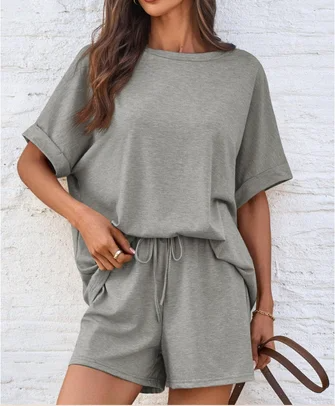 Women’s Two-Piece Set – Relaxed Fit Top with Dolman Sleeves – Soft Drawstring Shorts