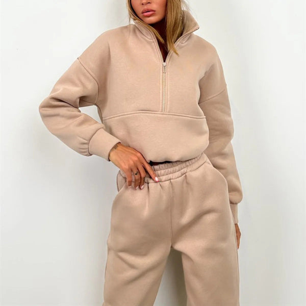 Women’s Two-Piece Sweat Set – Relaxed Fit – High Collar Half Zip Top – Cotton Blend – Elastic Waist