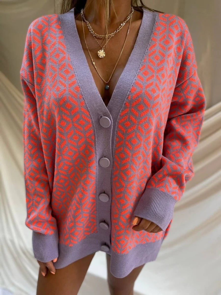 Women’s Cardigan – Oversized Fit – Wool Blend – V-Neck – Geometric Knit – Long Length