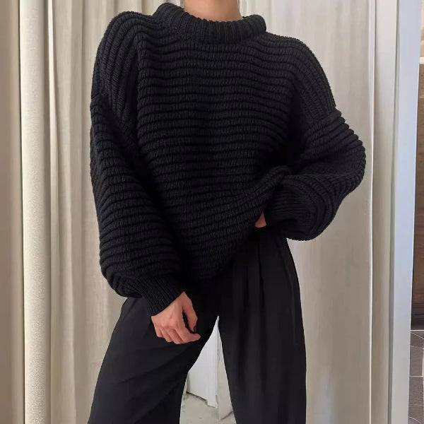 Women’s Knit Sweater – Oversized Fit – Wool Blend – High Collar – Ribbed Texture