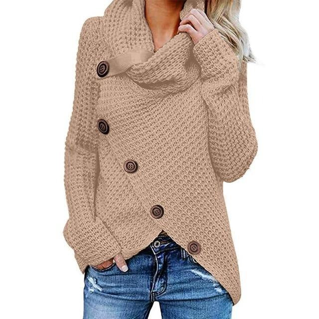 Women’s Sweater – Relaxed Fit – Waffle Knit – Cowl Neck – Asymmetric Button Front