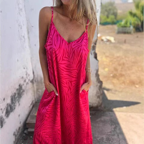 Women’s Maxi Dress – Relaxed Fit – Thin Straps – Animal Print – Pockets