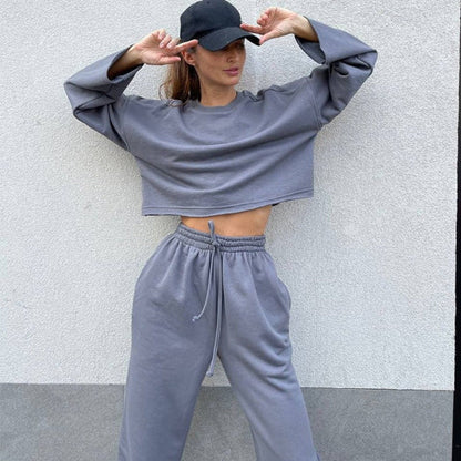 Women’s Two-Piece Athleisure Set – Relaxed Fit Cropped Top – Drawstring Waist Pants – Cotton Blend