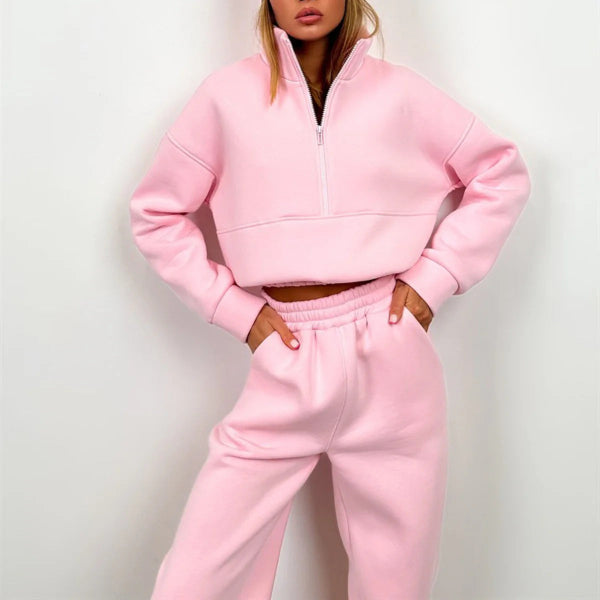 Women’s Two-Piece Sweat Set – Relaxed Fit – High Collar Half Zip Top – Cotton Blend – Elastic Waist